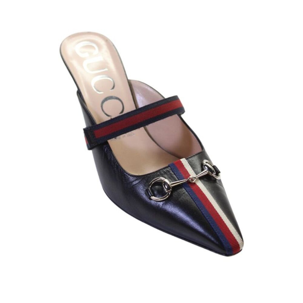 Gucci Women's Pointed Toe Leather Embellish Mules Sandals Black Size 39